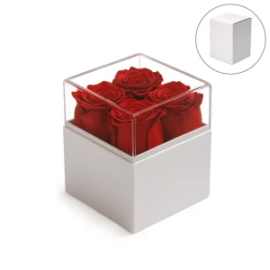 Flower Gift Box White & Clear Acrylic Lid with 4Pcs Forever Red Roses